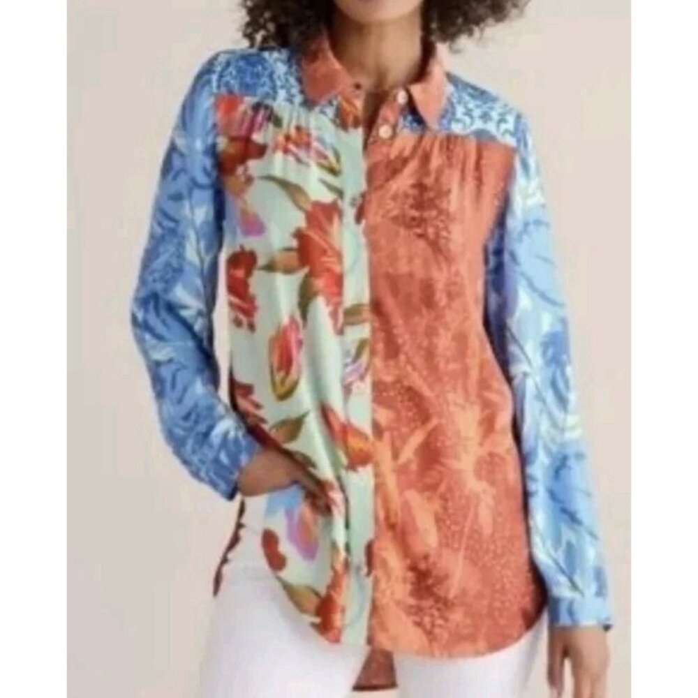 SOFT SURROUNDINGS Womens Small Top Tunic Floral Blouse Boho Long Sleeves Button - Picture 3 of 14